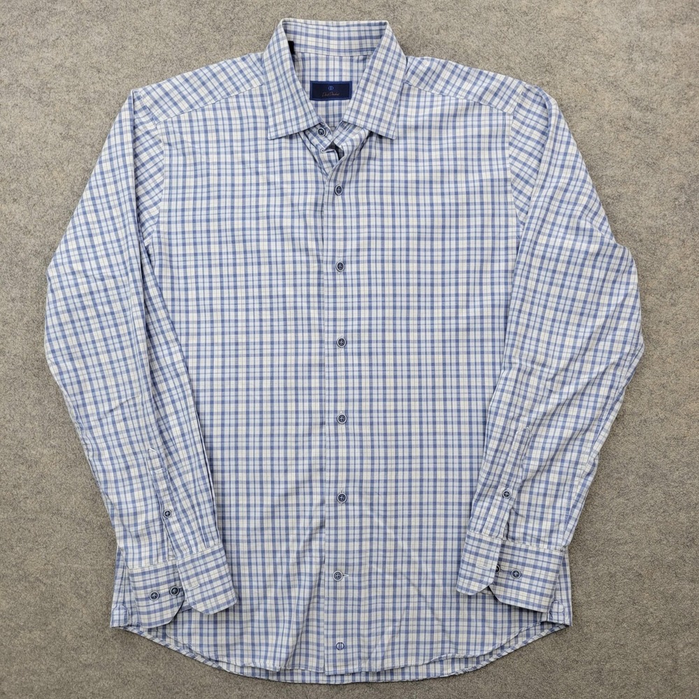 David Donahue Dress Shirt Mens M Blue Gingham Button Front Long Sleeve Casual‎